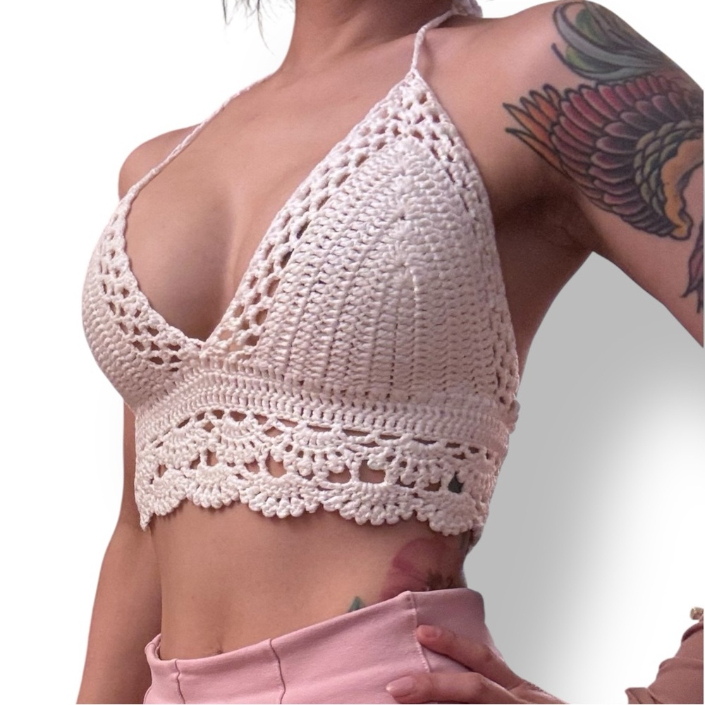 NWT - Lulus Ivory Crochet Halter Bralette Top - Boho Festival Cropped Open Back